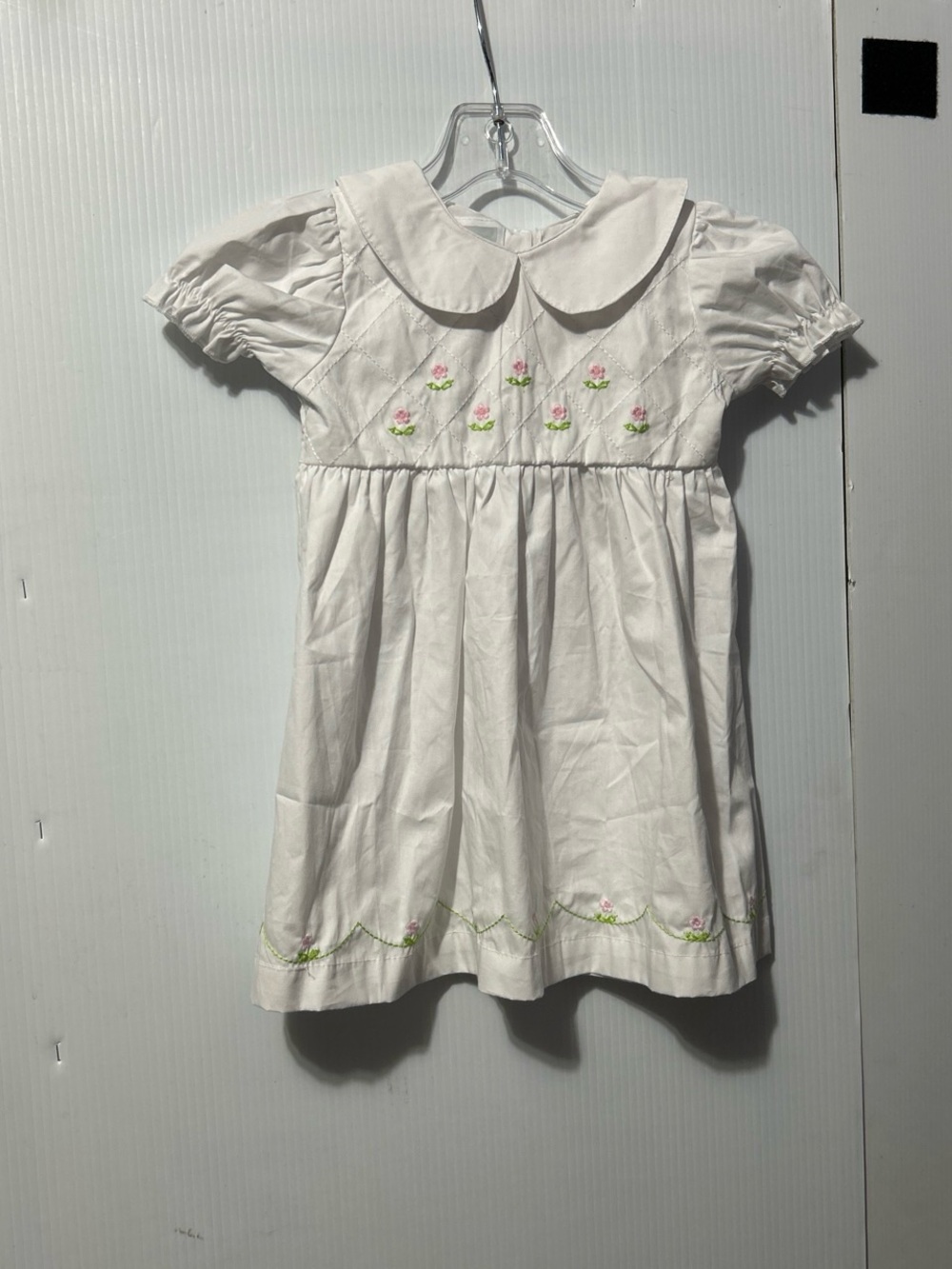 White Peter Pan Collar Girls' Dress with Pink & Green Embroidery